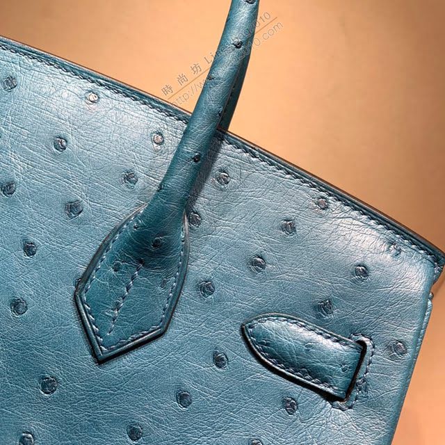 Hermes女包 愛馬仕Birkin30cm Hermes鉑金包 Ostrich鴕鳥皮 全手縫蠟線 S7 Blue Galice加利西亞藍  am1904